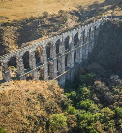 drone shot of roman aqueduct